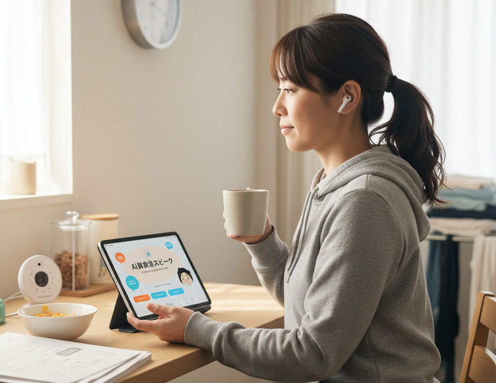 スキマ時間を活用してスマホで英会話学習する人のイメージ